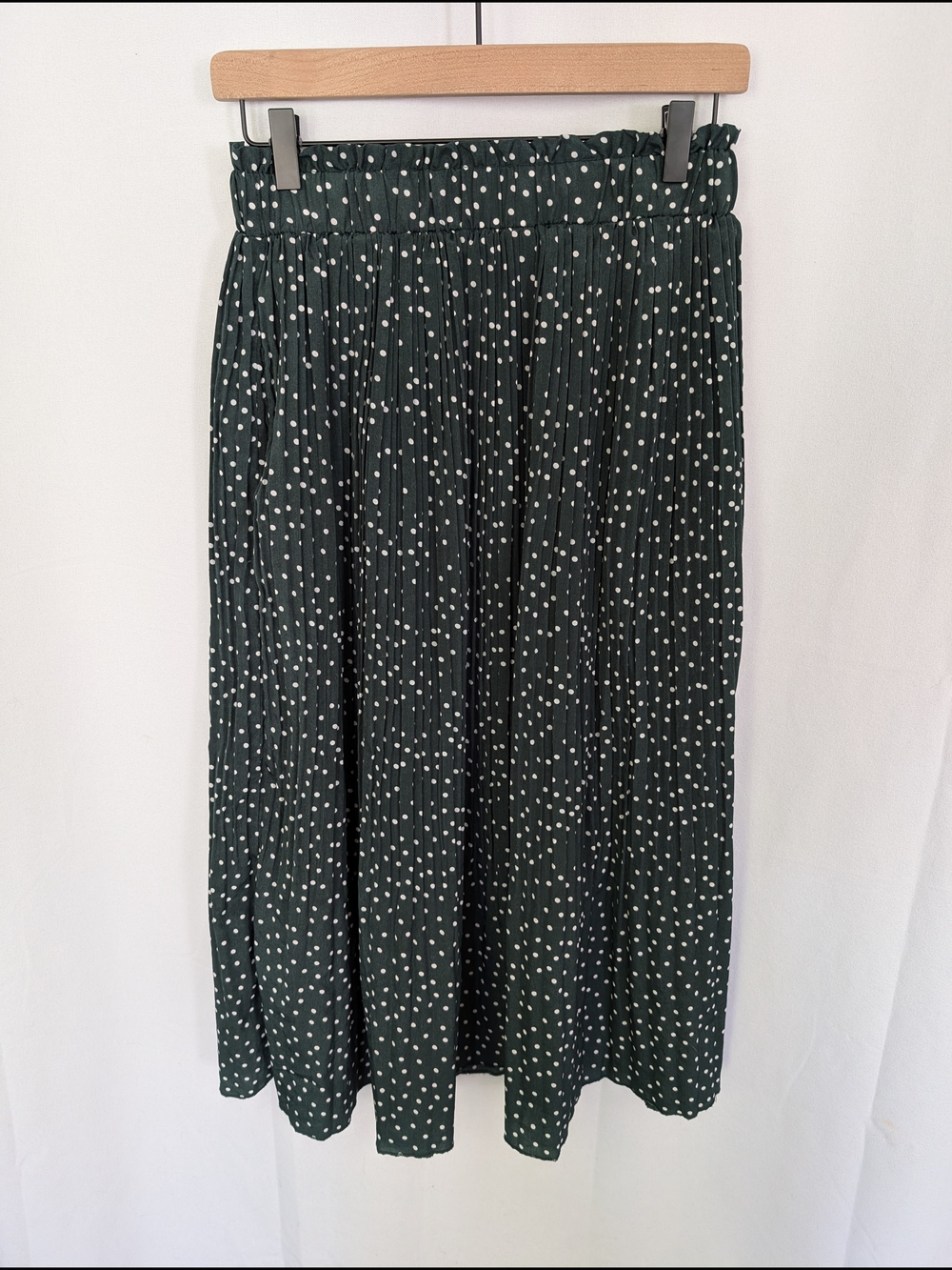 Polka Dot Dark Green Pleated Midi Skirt with Elastic Waist
